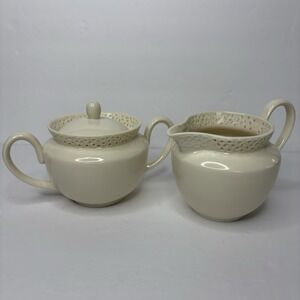 L. Godinger Cream Lace Embossed 4" Sugar Bowl with‎ Lid & 3.25" Creamer 8 Oz.